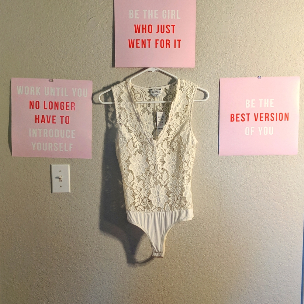 New Bebe full lace see through white bodysuit